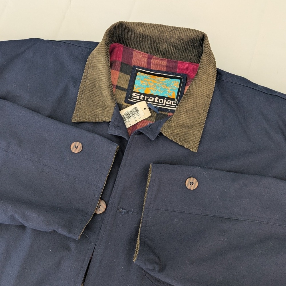 Stratojac Barn Jacket Mens L Navy Cord Collar Plaid‎ Lined NWT Vintage